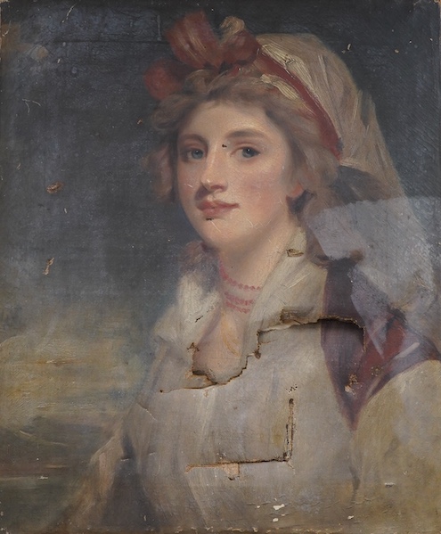 19th century oil on canvas, Portrait of a woman wearing a bonnet before a landscape, unsigned, unframed, 61 x 50cm. Condition - poor